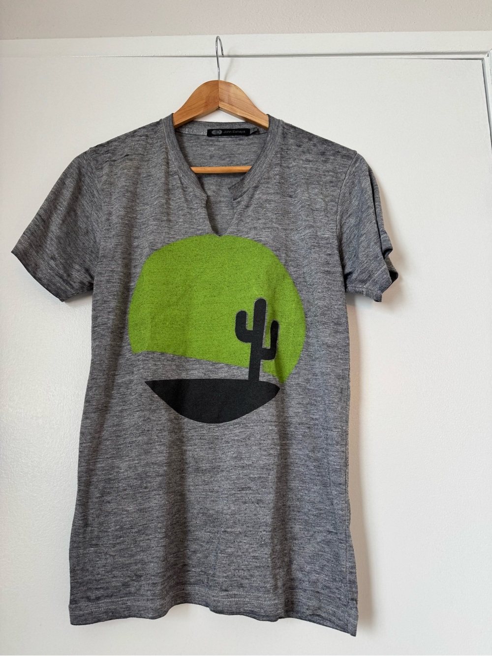 John Eshaya Gray Graphic Tee with Lime Green Cactus Design